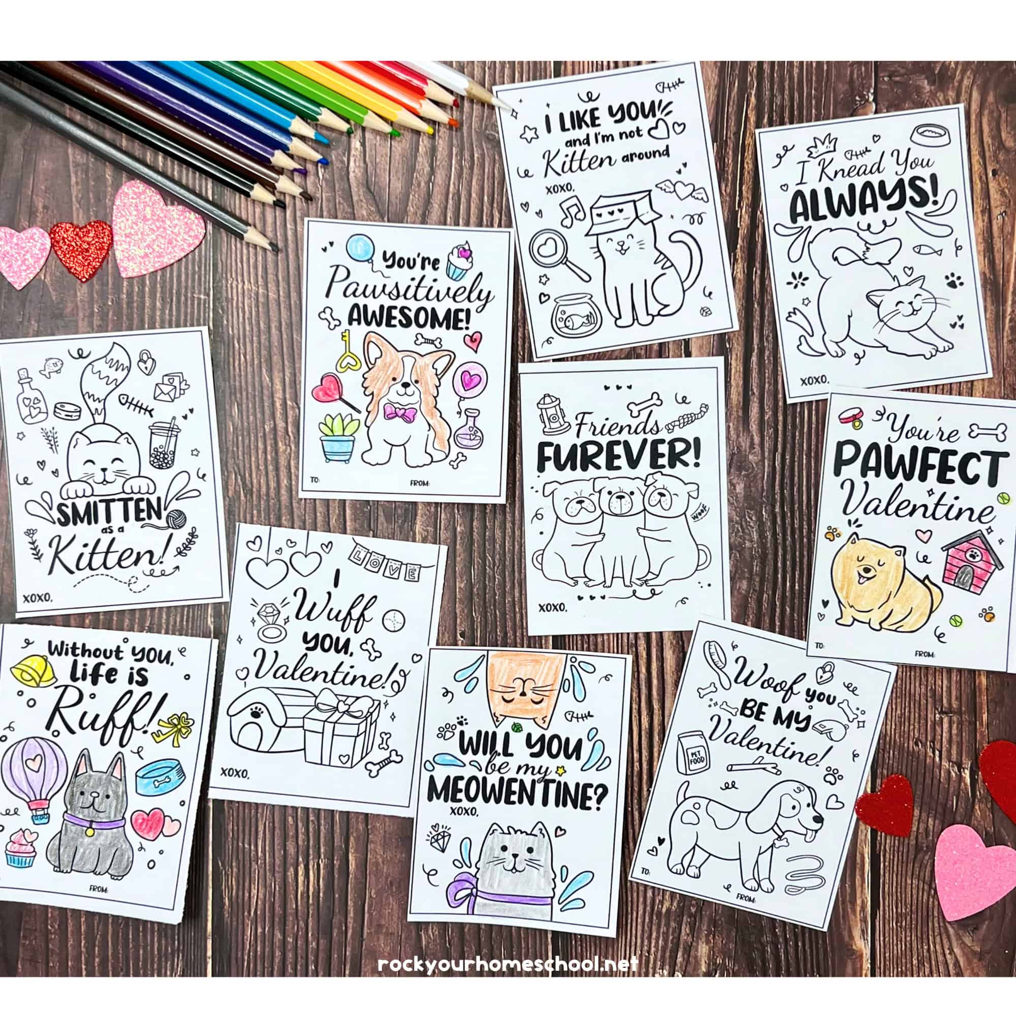 Pet Valentine's Day cards for coloring fun for kids with pink and red glitter hearts.
