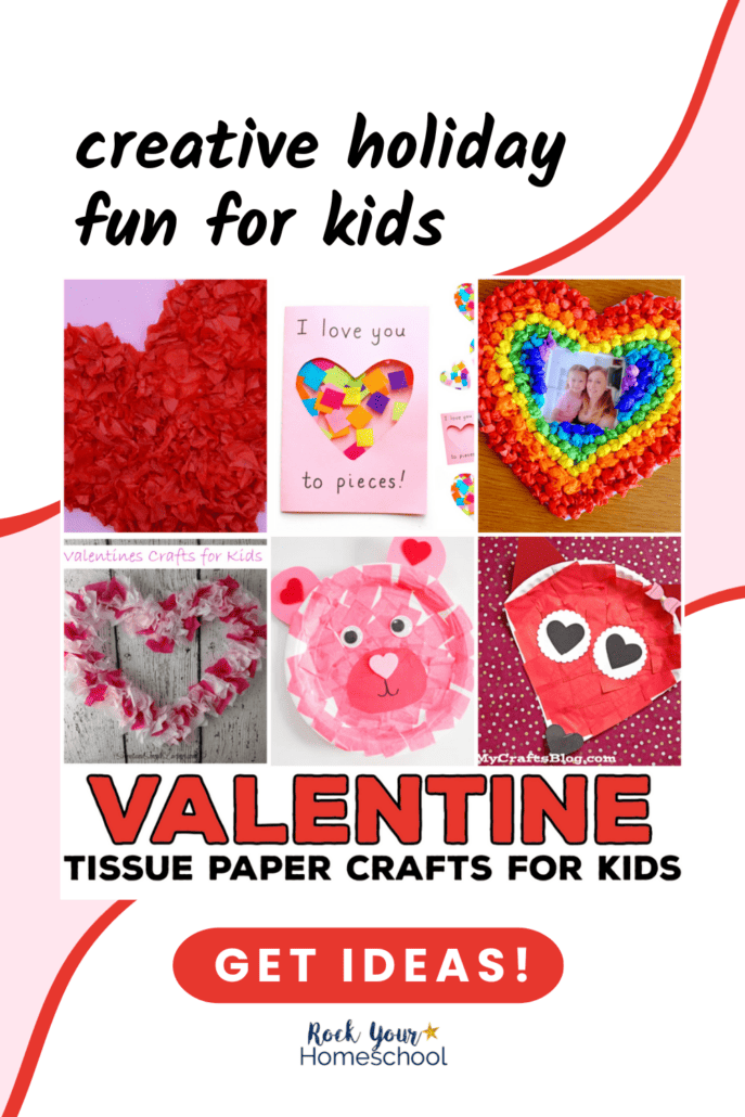 Examples of Valentine's Day tissue paper crafts of hearts, cards, photo frames, and paper plates.