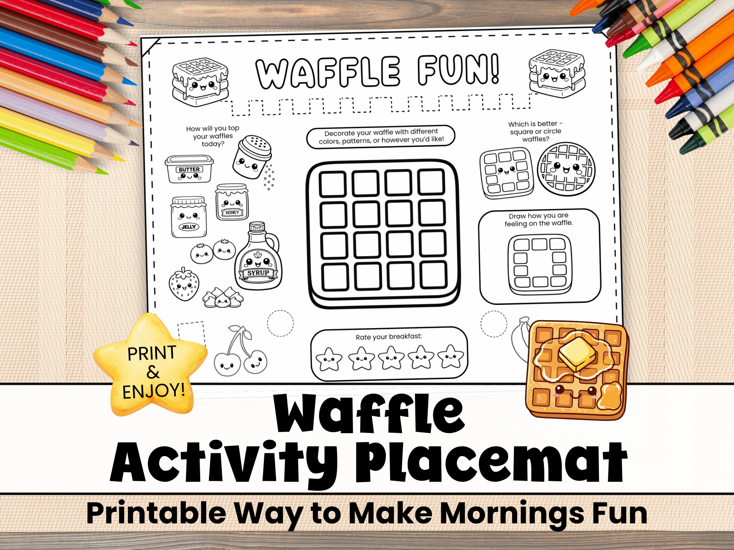Example of printable waffle activity placemat for kids.