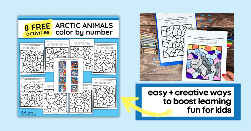 Woman holding narwhal color by number page with other free printable arctic animals color by number activities in background.