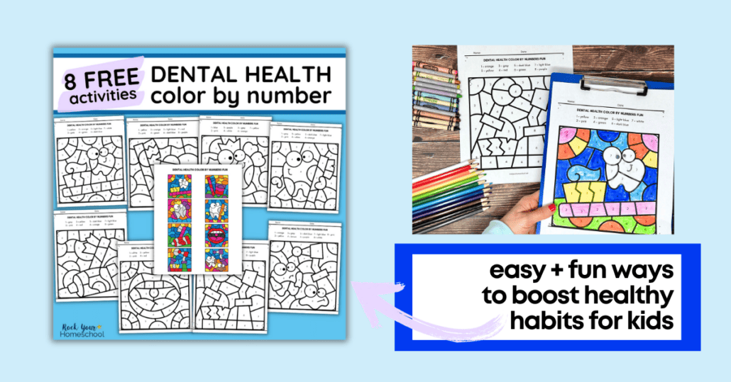 Woman holding free printable dental health color by number pages featuring tooth, tooth brush, and more.