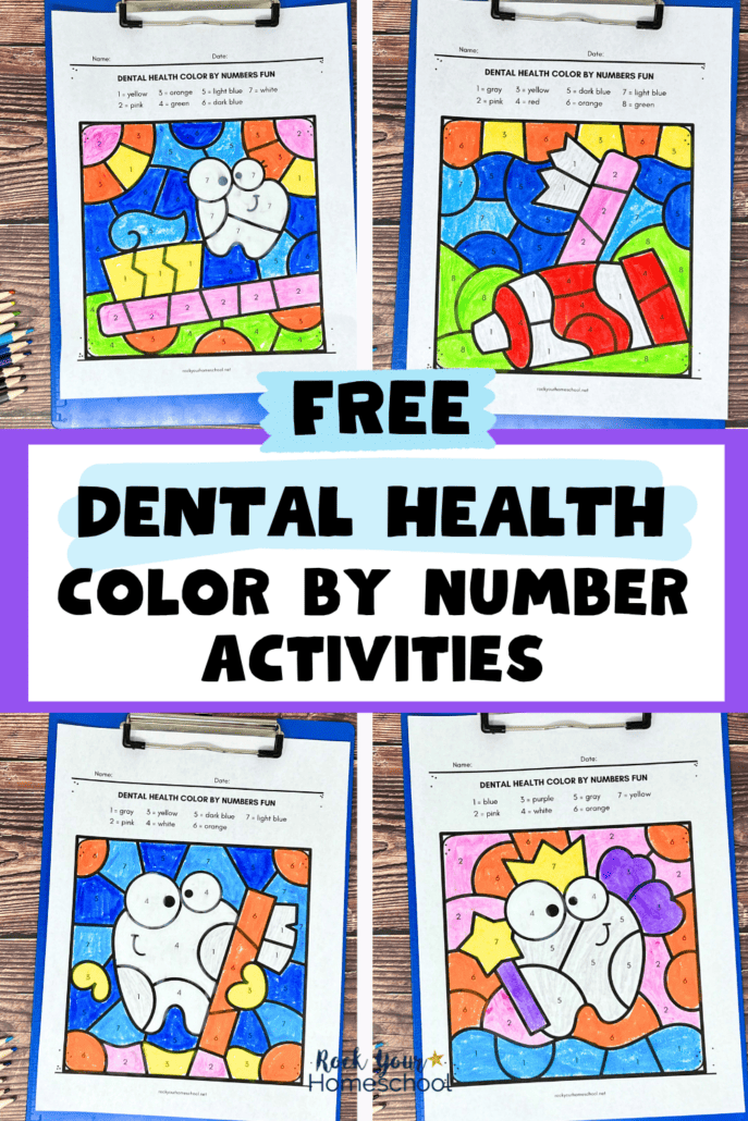 Examples of free printable dental health color by number pages featuring tooth, toothbrush, tooth paste, tooth fairy, and more.