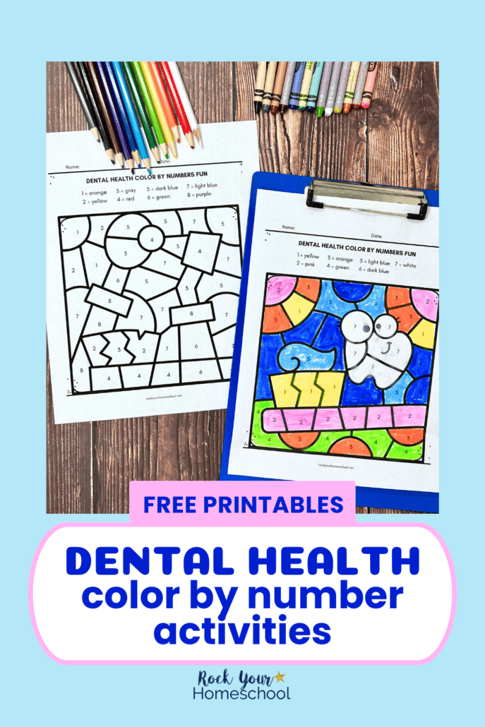 Examples of free printable dental health color by number worksheets featuring tooth, tooth brush, and more.