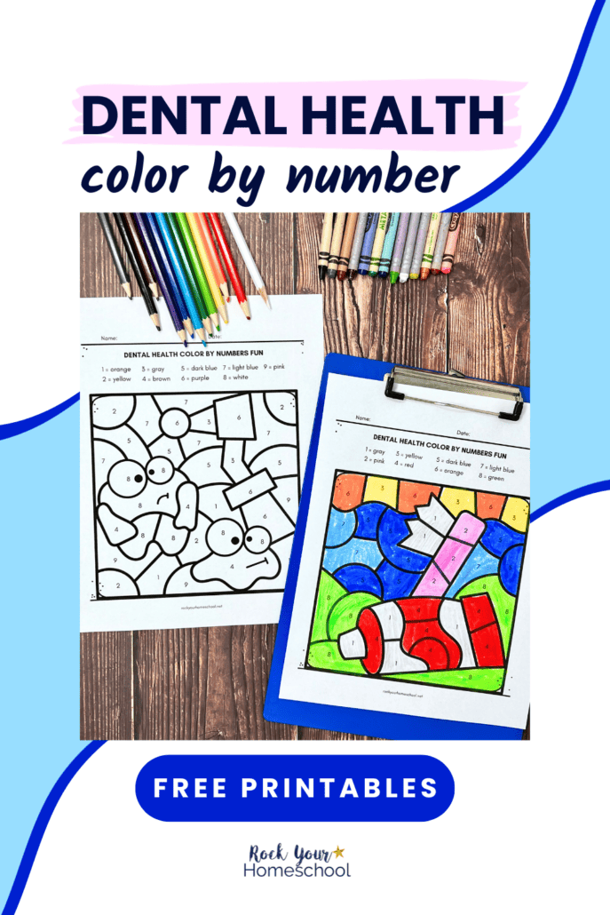 Examples of free printable dental health color by number pages featuring tooth paste, tooth brush, teeth, and more with crayons and color pencils.