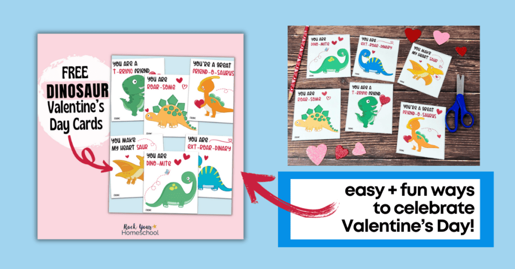 Examples of free printable dinosaur Valentine's Day cards with punny messages.