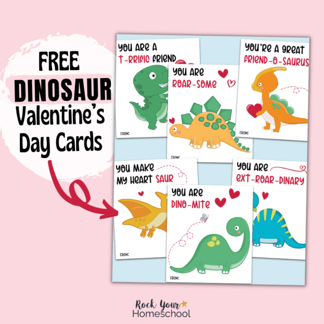 Examples of free printable dinosaur Valentine's Day cards for kids.