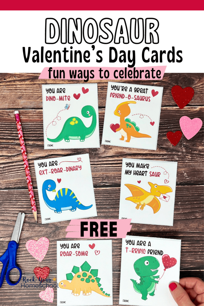 6 free printable cute dinosaur Valentine's Day cards for kids with glitter hearts.
