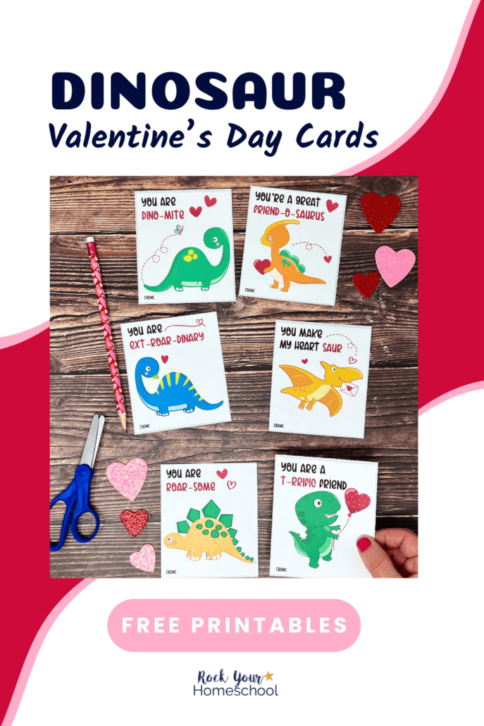 Woman holding dinosaur Valentine's Day cards with examples in background and pink and red glitter hearts.