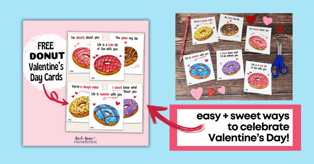 Examples of 6 free printable donut Valentine's Day cards.