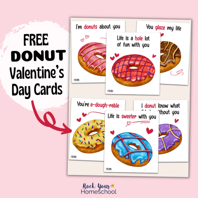 6 free printable donut Valentine's Day cards.