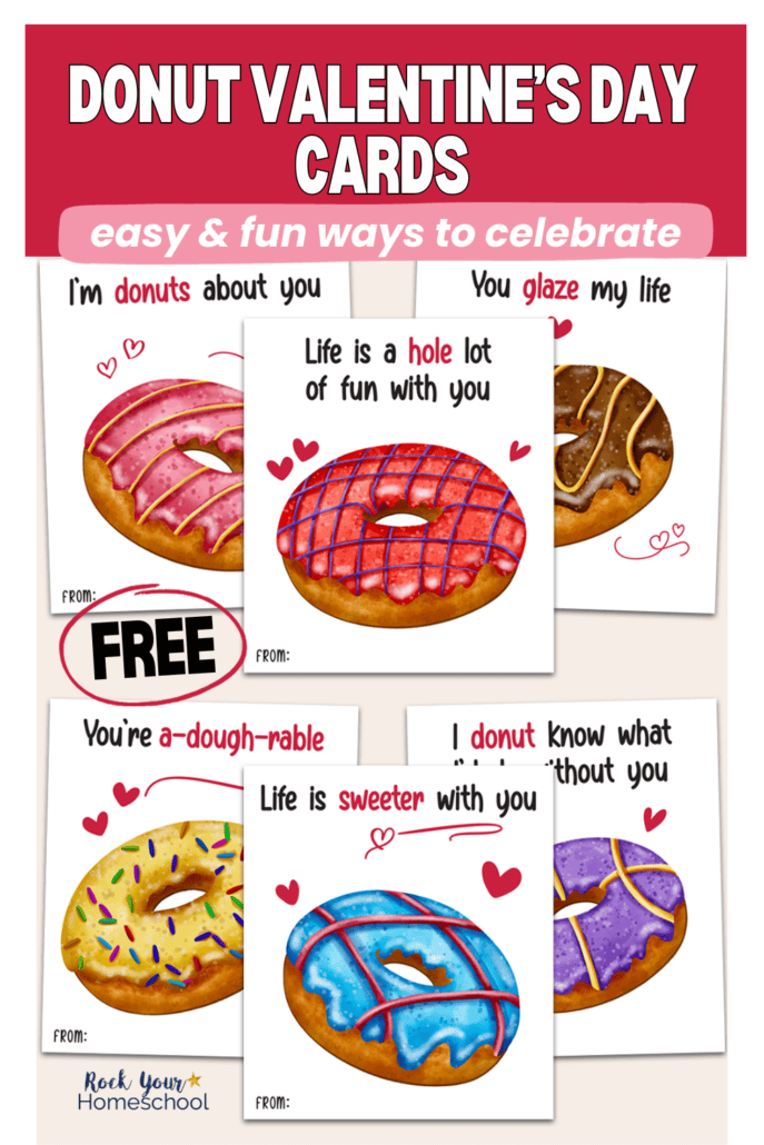 Examples of 6 free donut Valentine's Day cards for kids.
