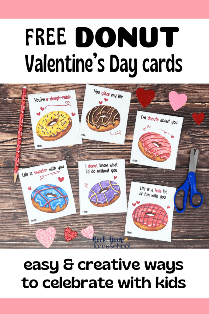 6 free printable donut Valentine's Day cards with pink and red glitter hearts.