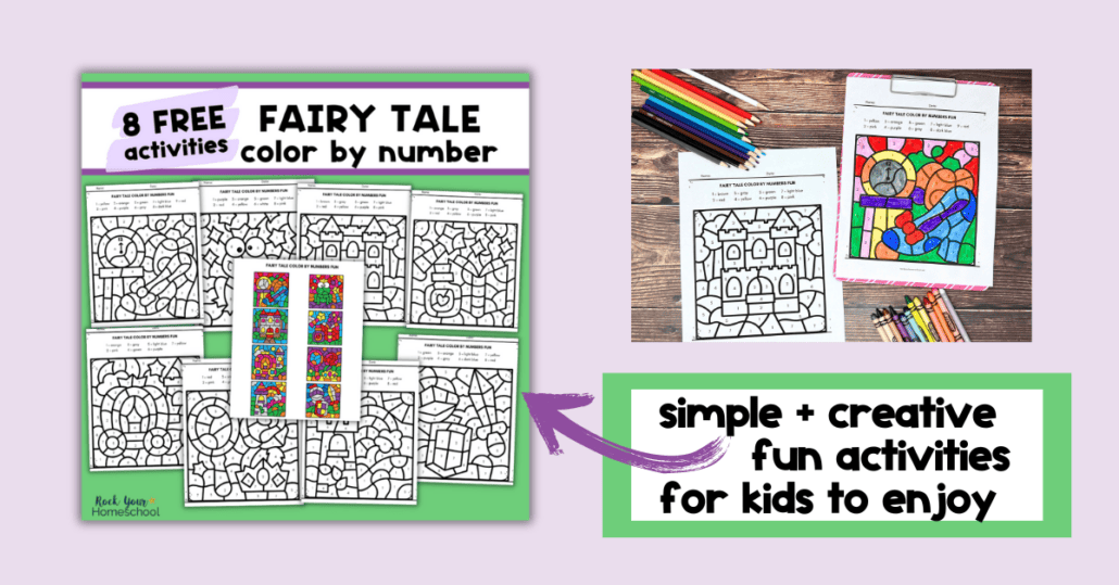 Examples of eight free printable fairy tale color by number pages.
