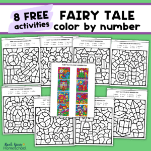 Eight free printable fairy tale color by number printables for kids.