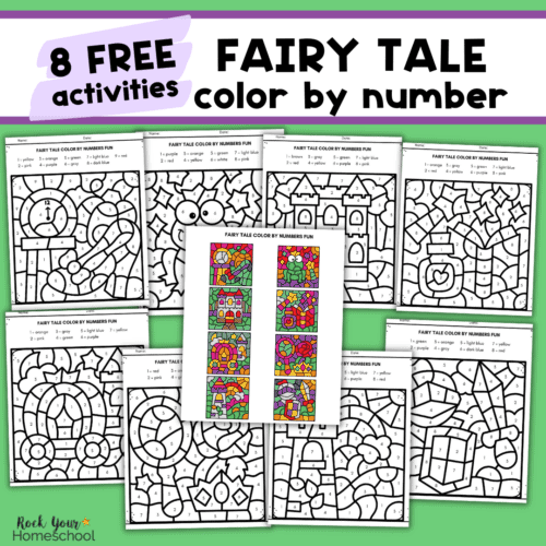 Eight free printable fairy tale color by number printables for kids.