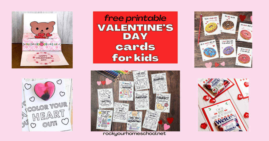 Examples of free printable Valentine's Day cards like pop-up bear with hearts, crayon heart, pet coloring, fruit snack tags, and donuts.