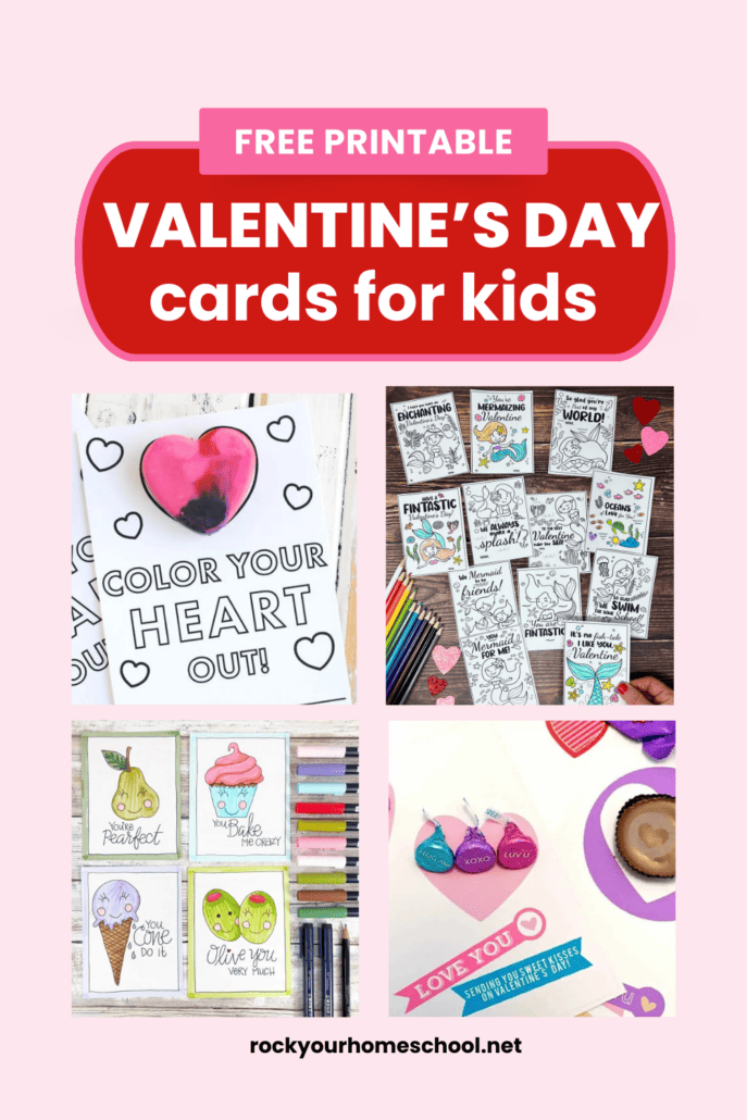 Examples of free printable Valentine's Day cards for kids like crayon heart, Kawaii food, mermaid coloring, and sweet treats.