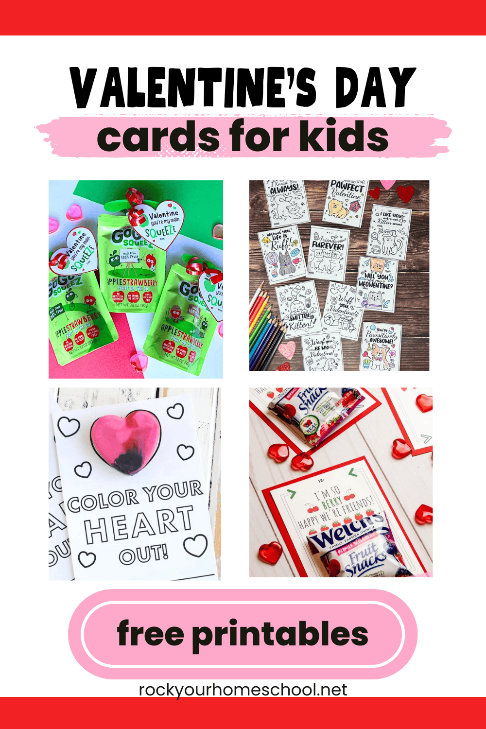 Examples of free printable Valentine's Day cards for kids like applesauce pouch tags, pet coloring, crayon heart, and fruit snack card templates.