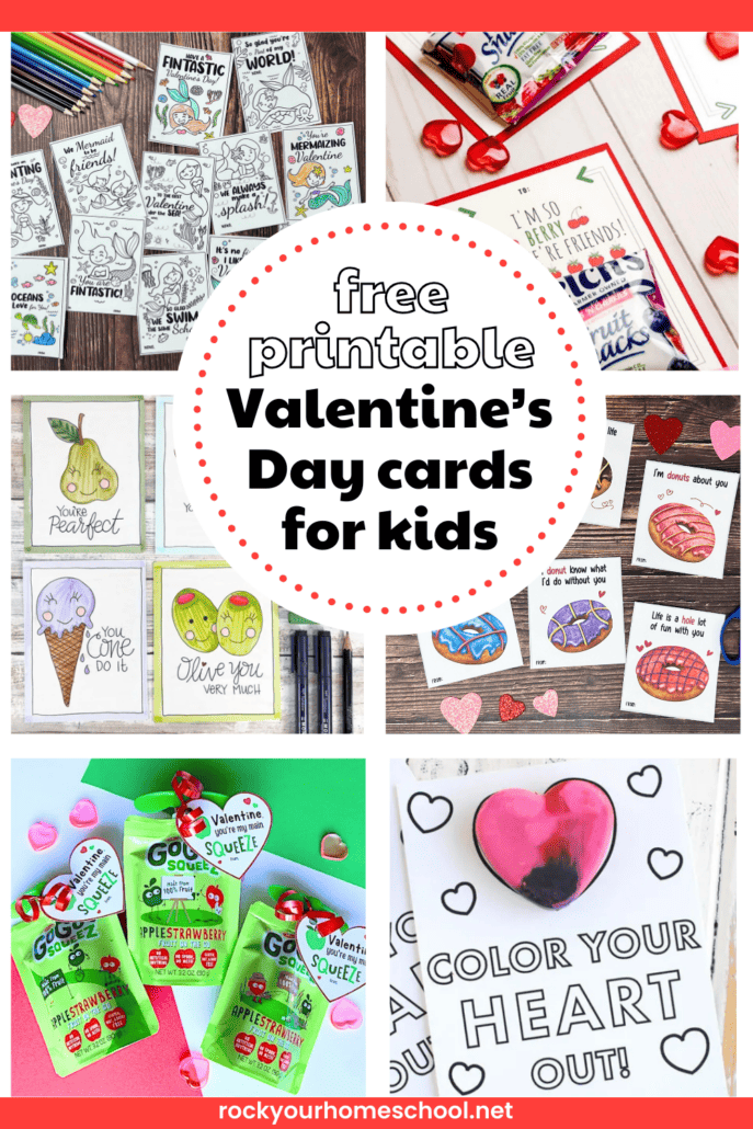 Examples of free printable Valentine's Day cards for kids like mermaid coloring, fruit snack tags, Kawaii food, donuts, applesauce pouch tags, and crayon heart.