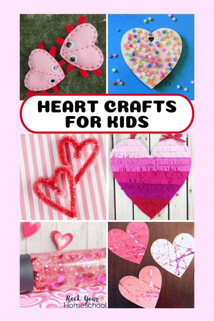 Examples of heart crafts for kids like love bug sewing project, wood heart, heart crystals, felt heart decoration, sensory bottle, and marble art.
