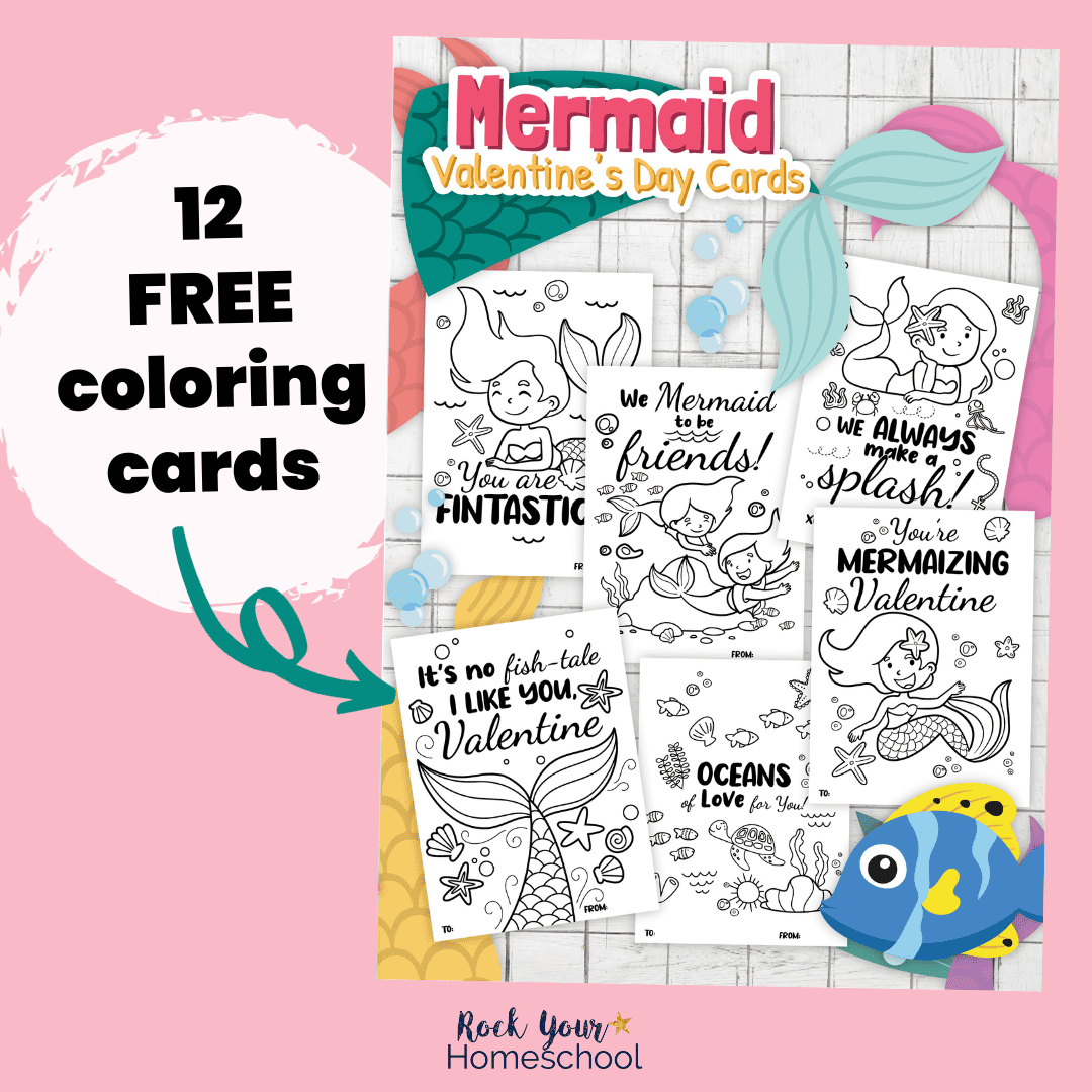 Variety of printable mermaid Valentine's Day cards.