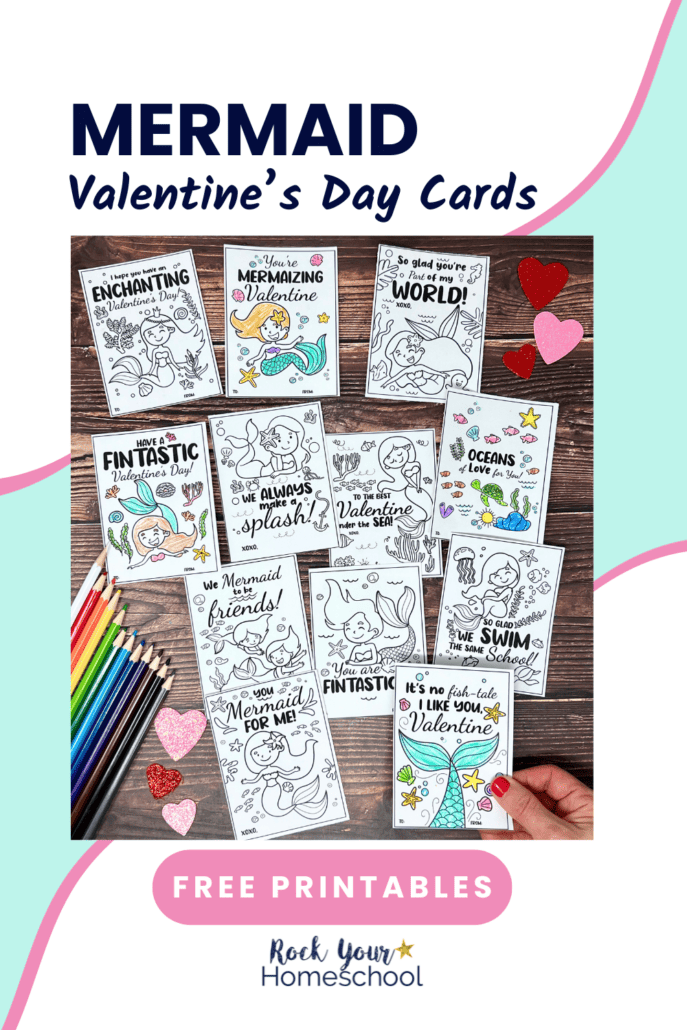 Woman holding example of mermaid Valentine's Day card with other examples in the background showing variety of cute messages with these coloring cards.