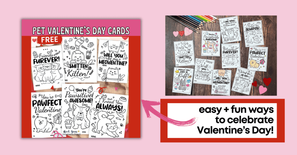 10 free printable pet Valentine's Day cards for coloring fun for kids.