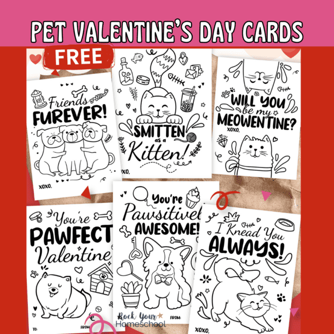 6 free printable pet Valentine's Day cards for coloring fun with kids.