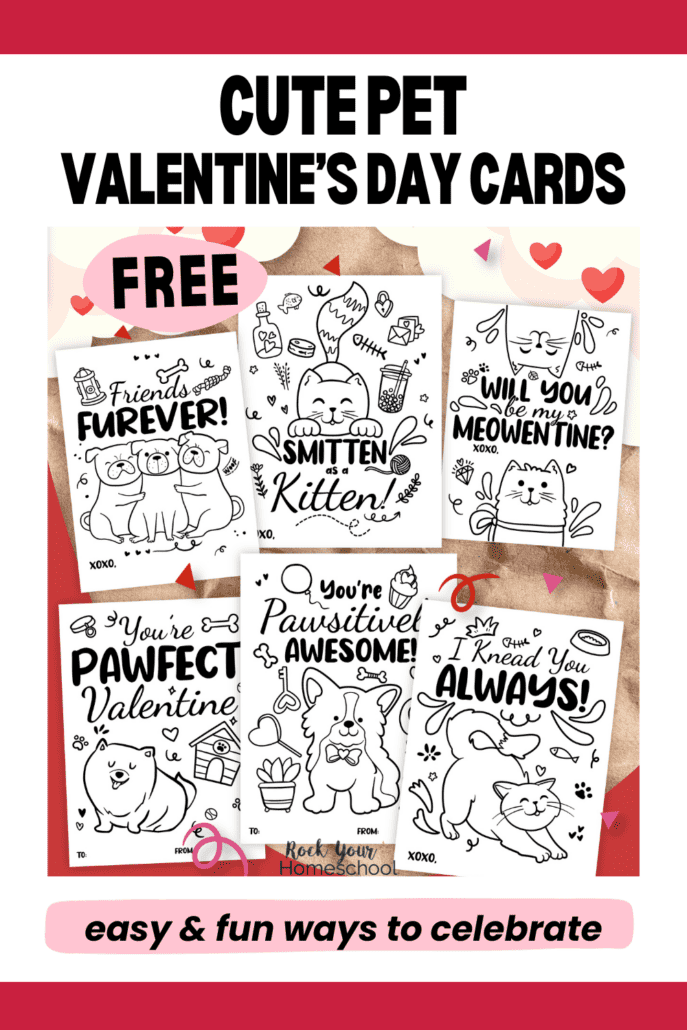 Examples of cute pet Valentine's Day cards for color fun for kids.