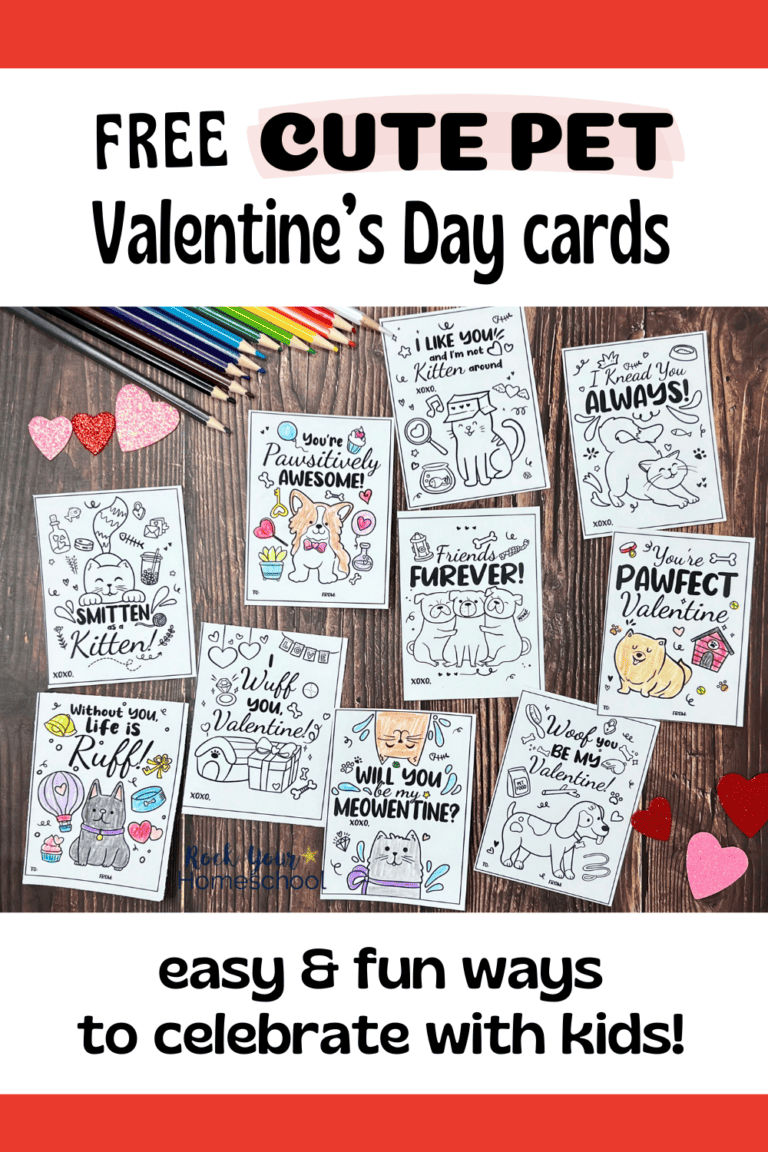 Examples of 10 free printable pet Valentine's Day cards for coloring fun and more.