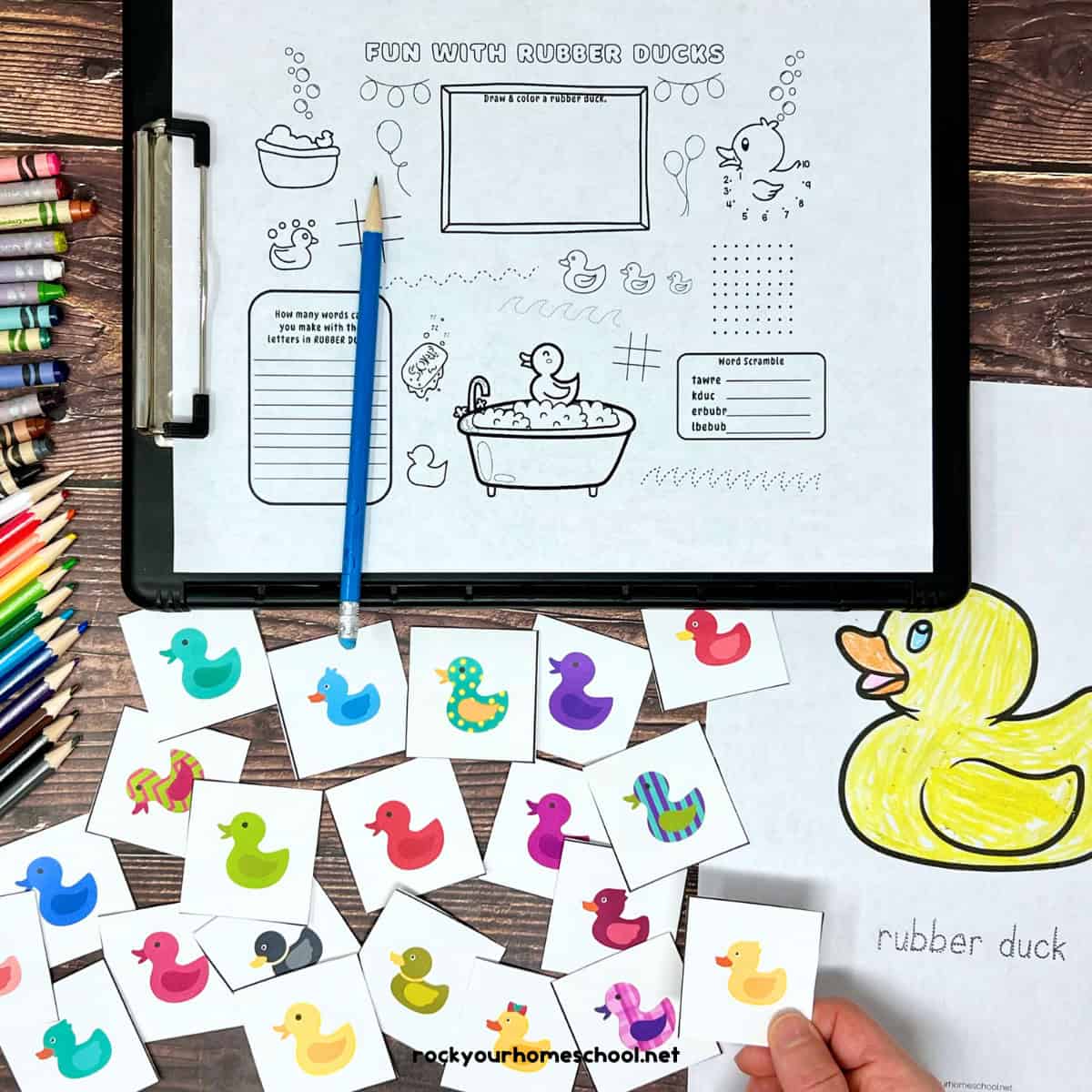 Free rubber duck printable activities including activity sheet, coloring page, and memory game cards.