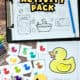 Free rubber duck printable activities including activity sheet, coloring page, and memory game cards.