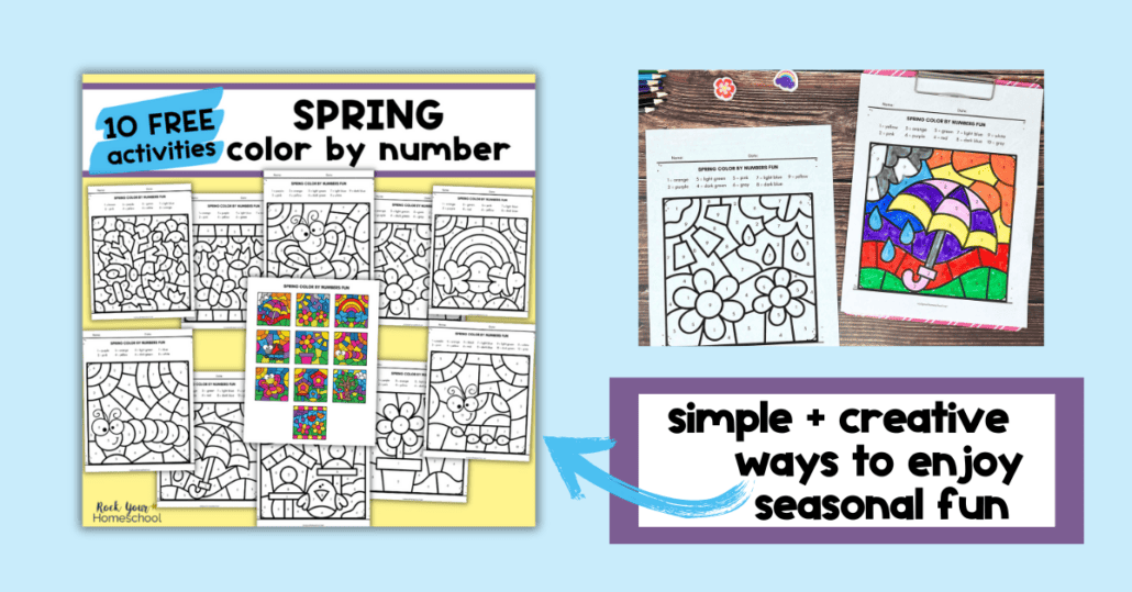 Examples of free printable spring color by number pages.
