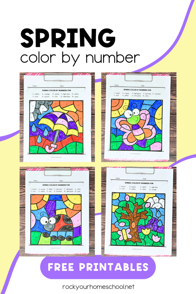 Examples of free printable spring color by number pages featuring umbrella, butterfly, ladybug, tree with flowers and raindrops.
