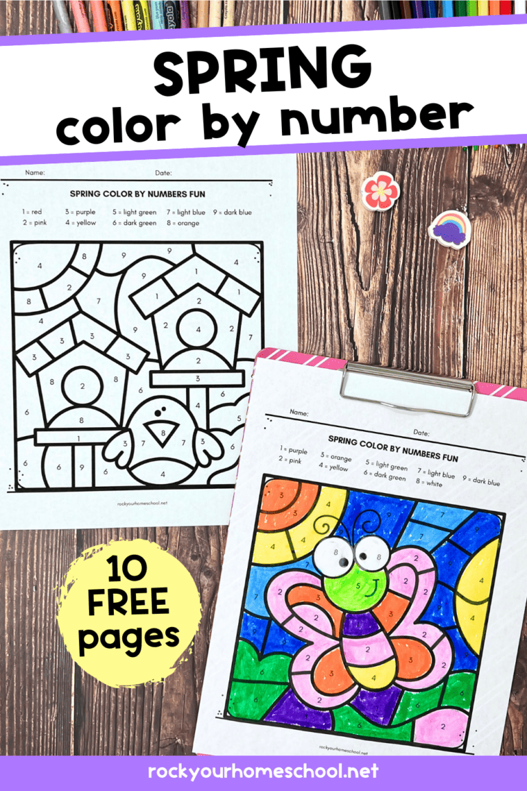 Examples of free printable spring color by number activities featuring bird with bird houses and butterfly.