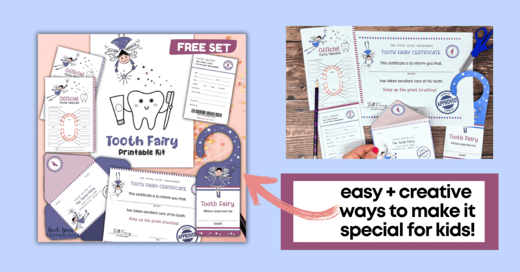 Examples of free tooth fairy printables kit with tooth tracker, certificate, receipt, envelope, and door hanger.