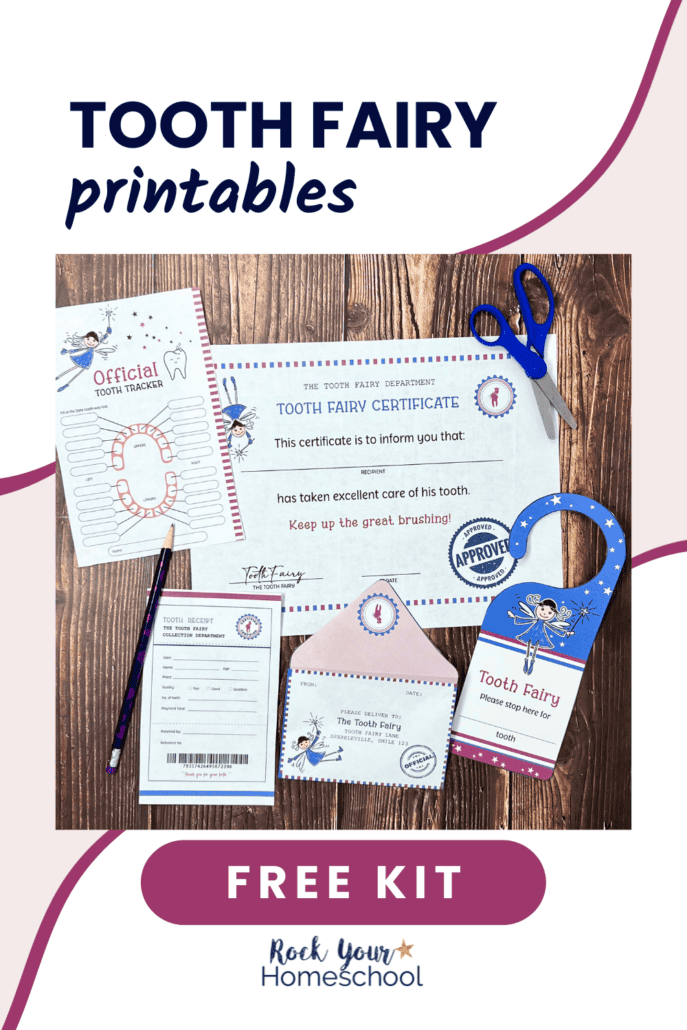 Variety of free tooth fairy printables like tooth trackers, receipts, envelope, door hanger, and certificate.