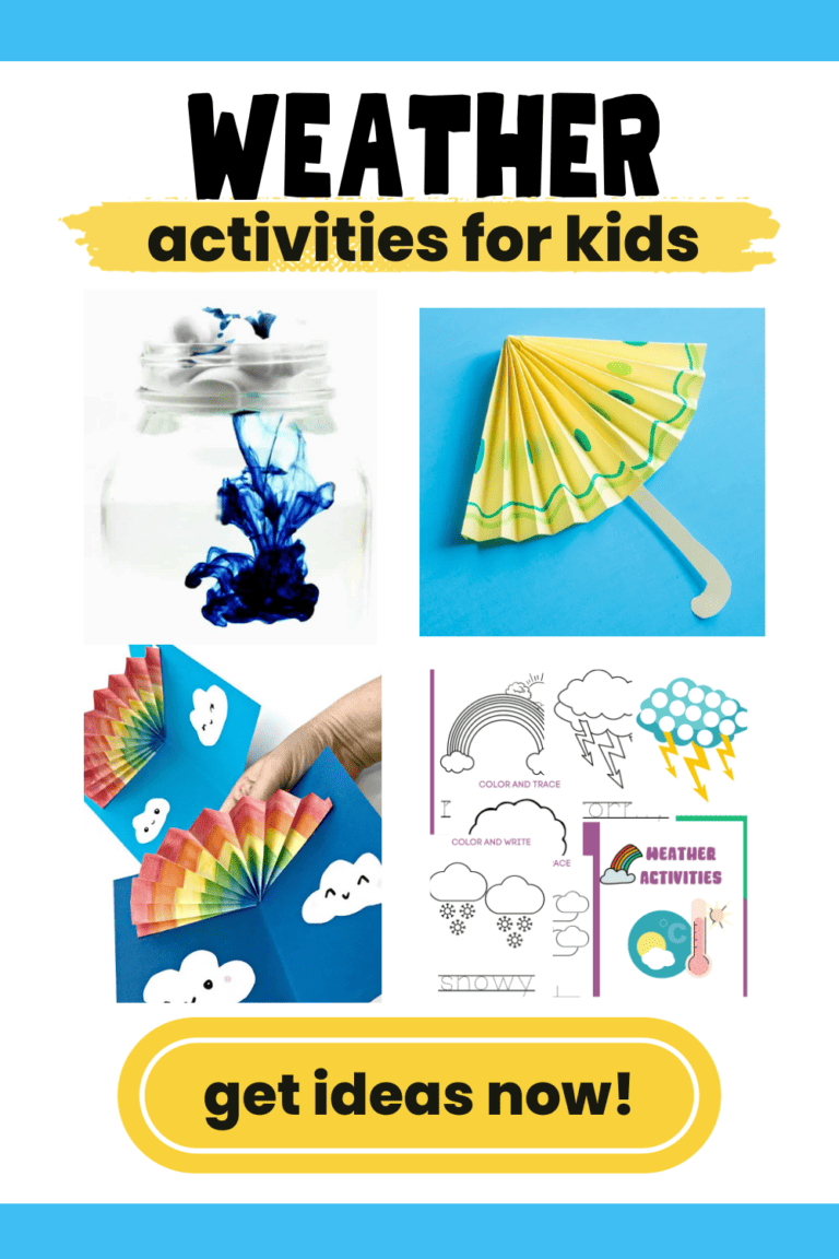 Examples of weather activities for kids like rain cloud in a jar, paper umbrella craft, rainbow pop-up card, and free printable weather worksheets.