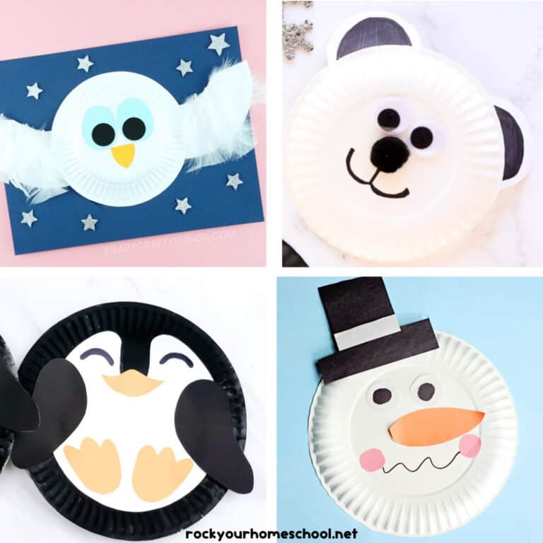 Four examples of winter paper plate crafts for kids featuring owl, polar bear, penguin, and snowman.