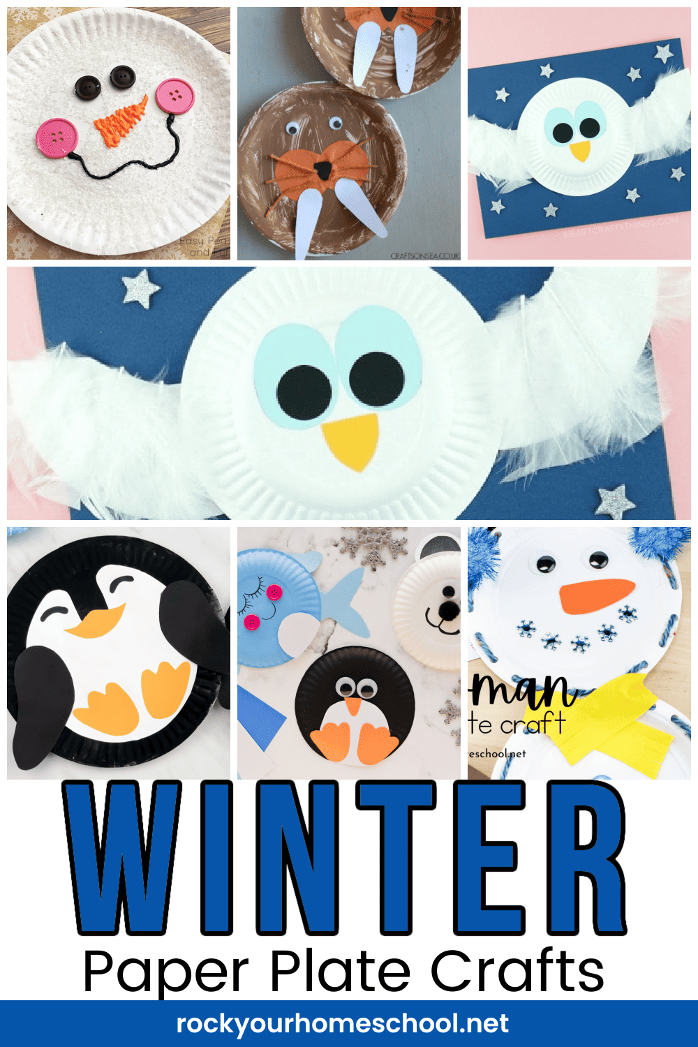 Variety of winter paper plate crafts featuring penguins, snow owls, snowmen, and more.