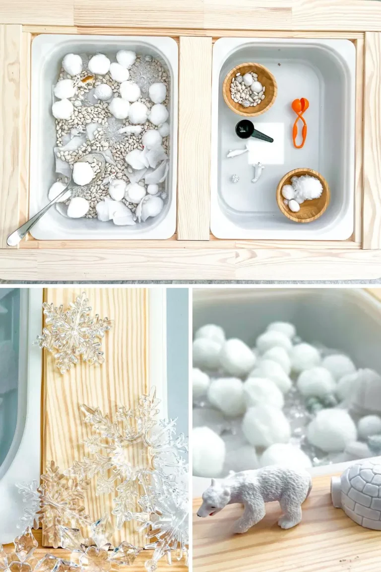 Examples of winter snowball sensory bin with arctic animals from Crafty Kids Play.