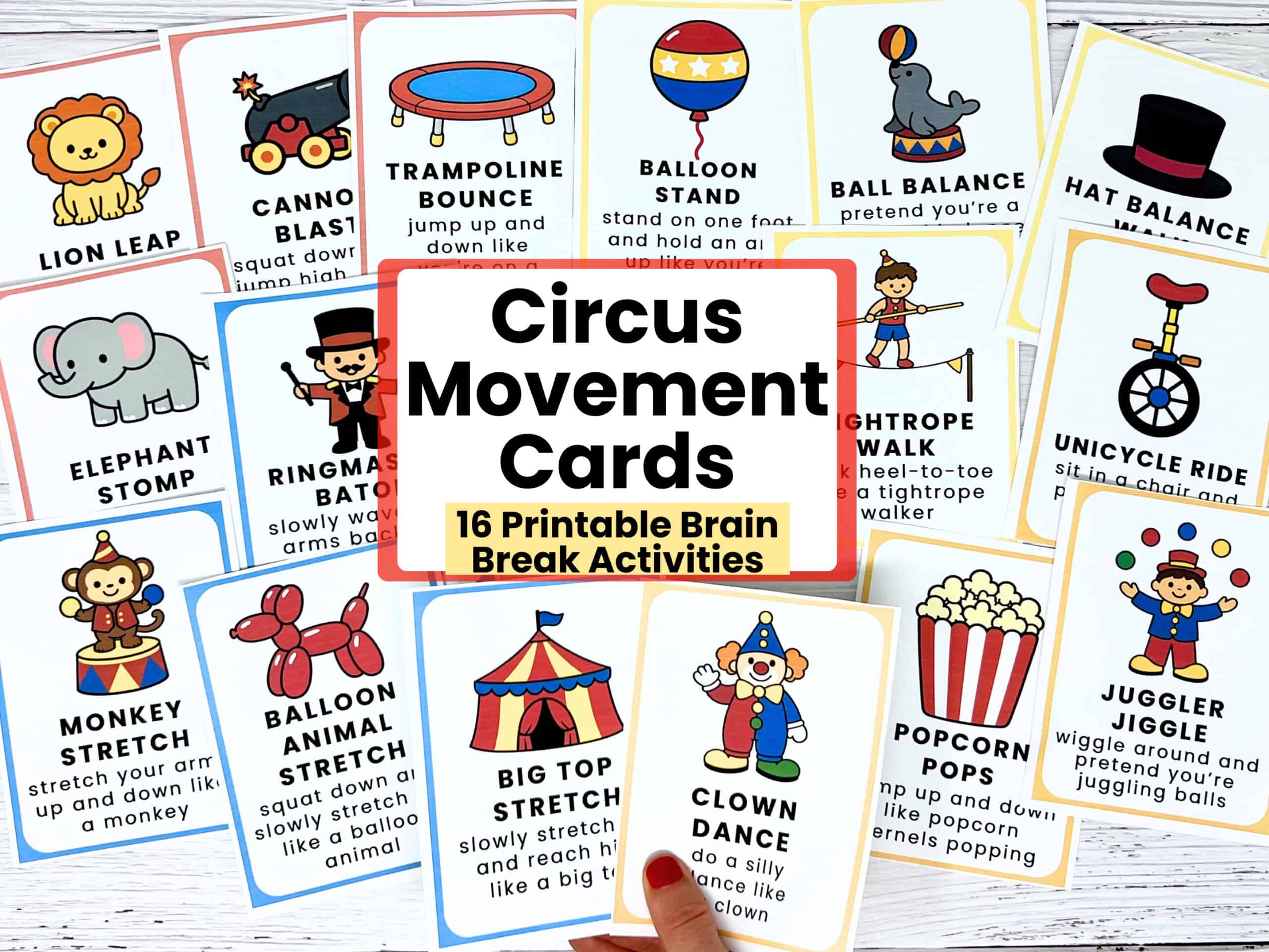 Woman holding examples of these printable 16 circus movement cards for kids.