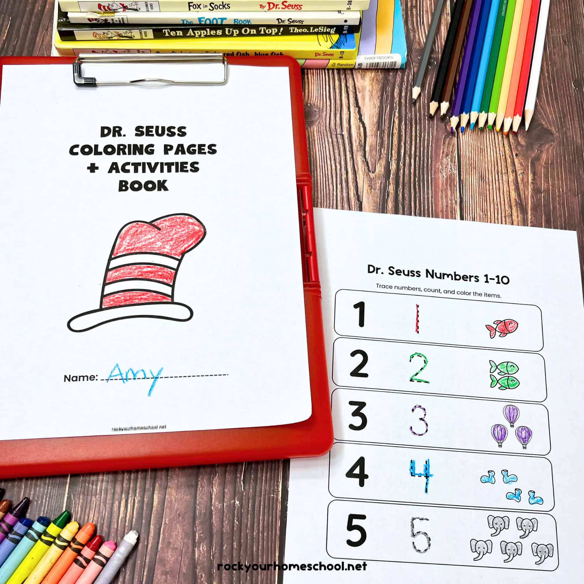 Dr. Seuss coloring pages and activities pack cover with example of coloring page with Green Eggs and Ham and Fox in Socks with crayons, color pencils, and Dr. Seuss books.