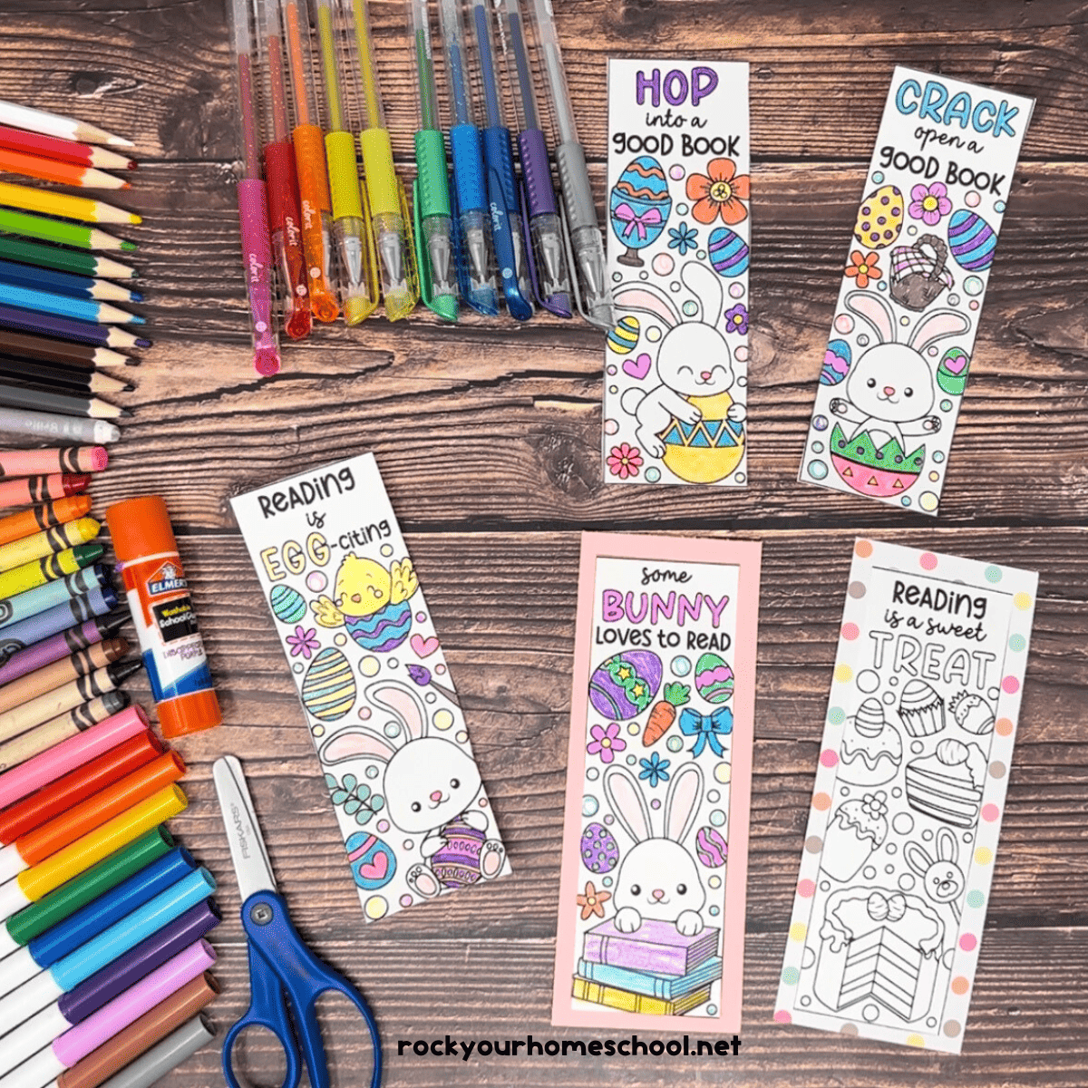 Examples of free printable Easter bookmarks to color with gel pens, color pencils, crayons, markers, scissors, and glue stick.