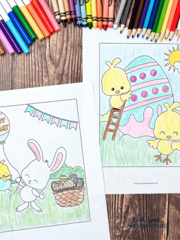 Two examples of free printable Easter coloring pages for kids with markers, crayons, and color pencils.