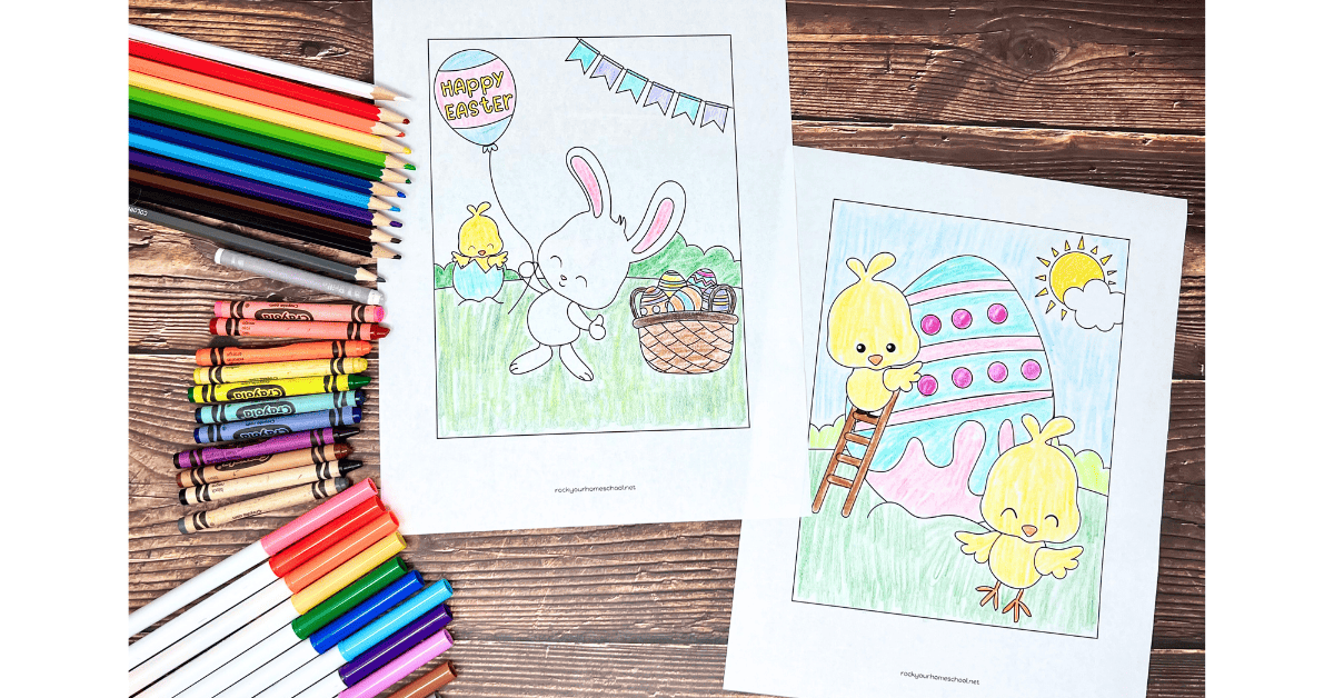 Two examples from this free printable set of 10 Easter coloring pages for kids with color pencils, crayons, and markers.