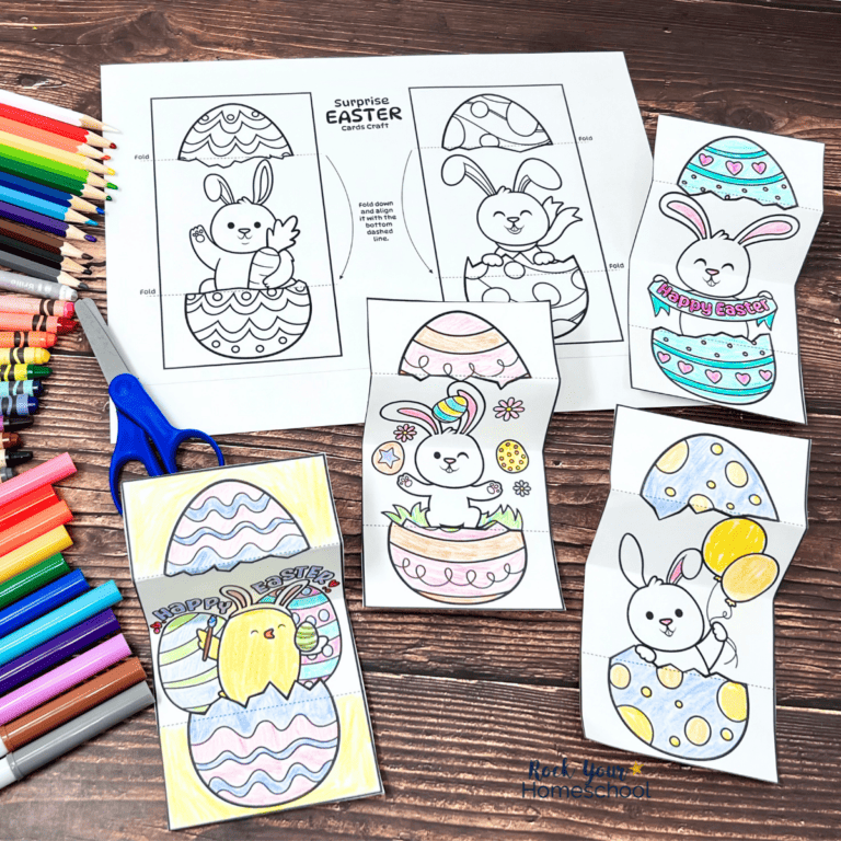 Examples of free printable Easter egg cards with cute surprises and color pencils, crayons, markers, and scissors in the background.