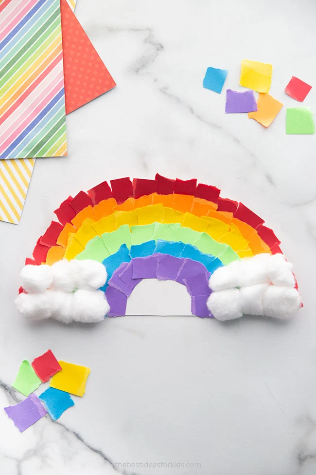 Torn paper plate rainbow craft.