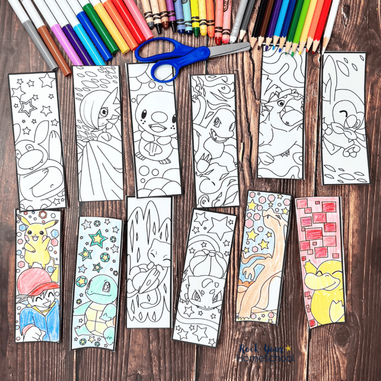 Twelve examples of free printable Pokemon bookmarks to color with markers, crayons, color pencils, and scissors.