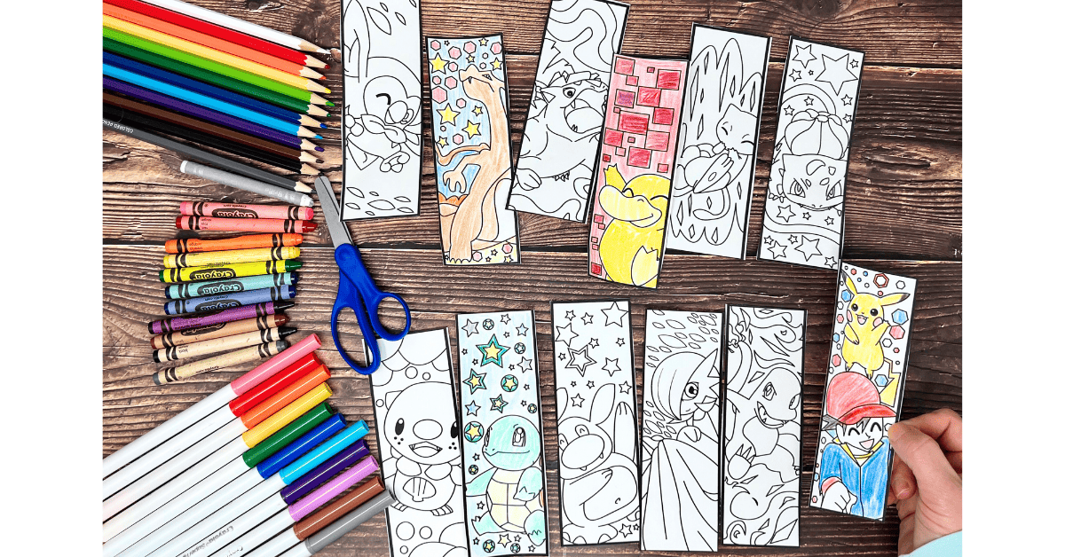 Woman holding Pikachu and Ash coloring bookmark to feature this set of free printable bookmarks.